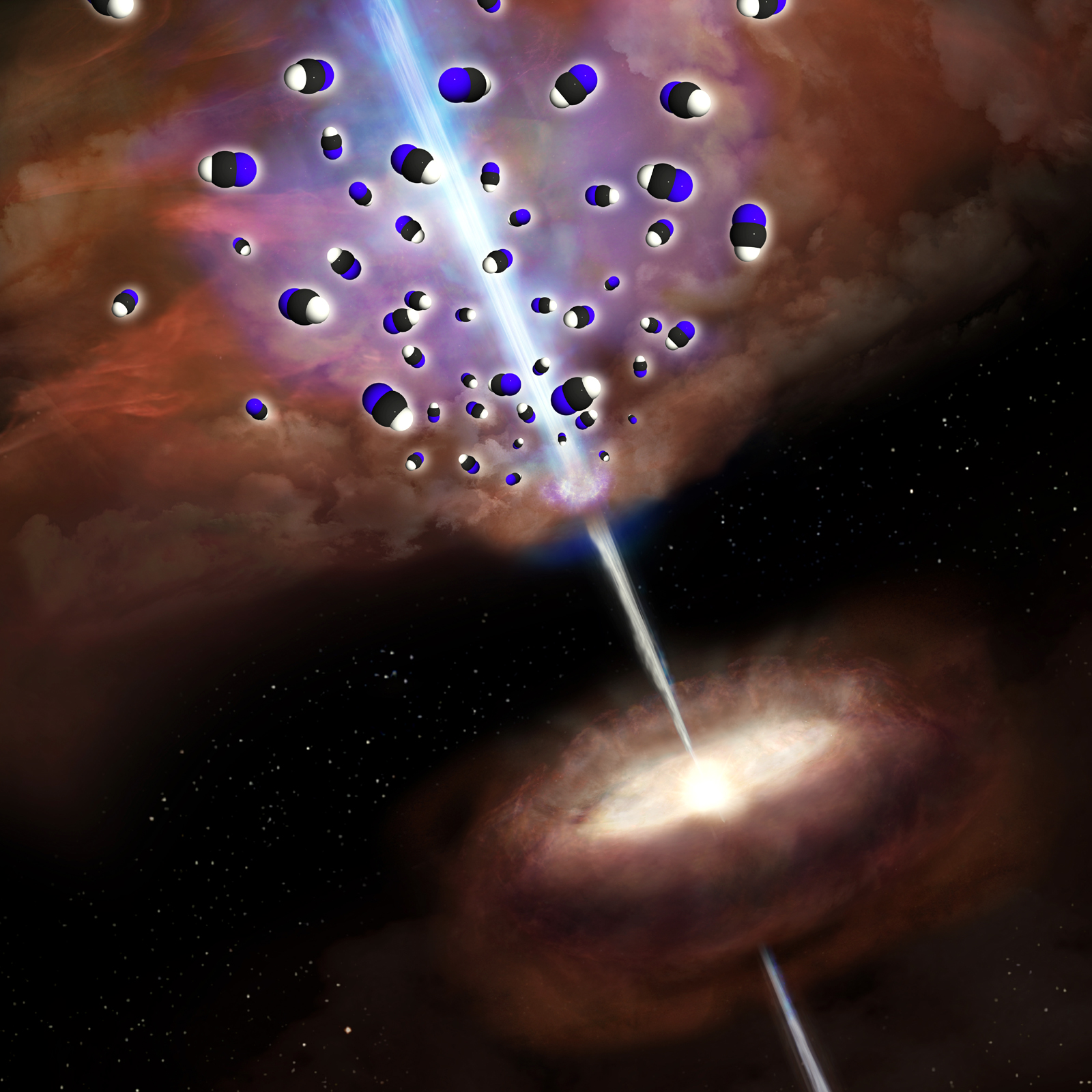 A szupernagy tömegű fekete lyuktól kiinduló jetek a csillagközi gáztömegeknek ütközve felhevítik a gázt