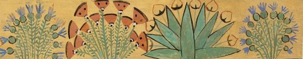 Búzavirág, pipacs, mandragóra és búzavirág Szennedzsem sírkamrájának oromzatán