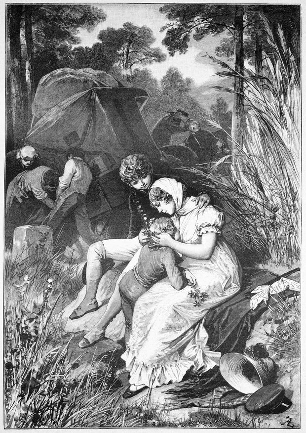 Lujza királyné menekülés közben búzavirágkoszorút köt fiának fejére