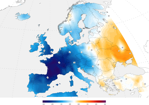 Európa középhőmérsékletének az átlagtól való eltérései 1816 nyarán (FORRÁS: WIKIMEDIA COMMONS)