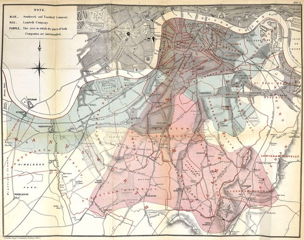 Londoni vízszolgáltató társaságok területei a „Nagy Kísérlet” térképén (1854). A lila színnel jelölt területen mindkét társaság szolgáltatott ivóvizet. 1852-ben a Lambeth Társaság (piros) áthelyezte a vízvételi helyét, így tisztább ivóvizet szolgáltatott.