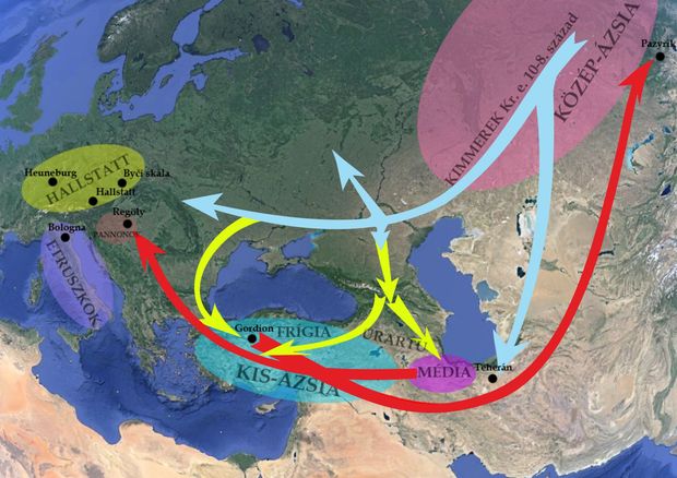 Európa és Ázsia kora vaskori történelmét alapjaiban befolyásoló kimmer vándorlás főbb hullámainak útvonalai a Kr. e. X-VI. században.