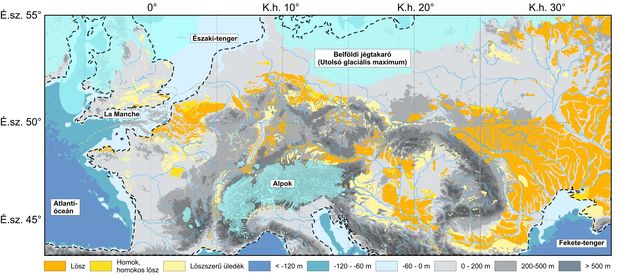 Löszök és löszszerű üledékek eloszlása a jégkorszaki Európában, feltűntetve a mélységi és magassági viszonyokat is (Pierre Antoine térképe alapján, a szerző által módosítva)