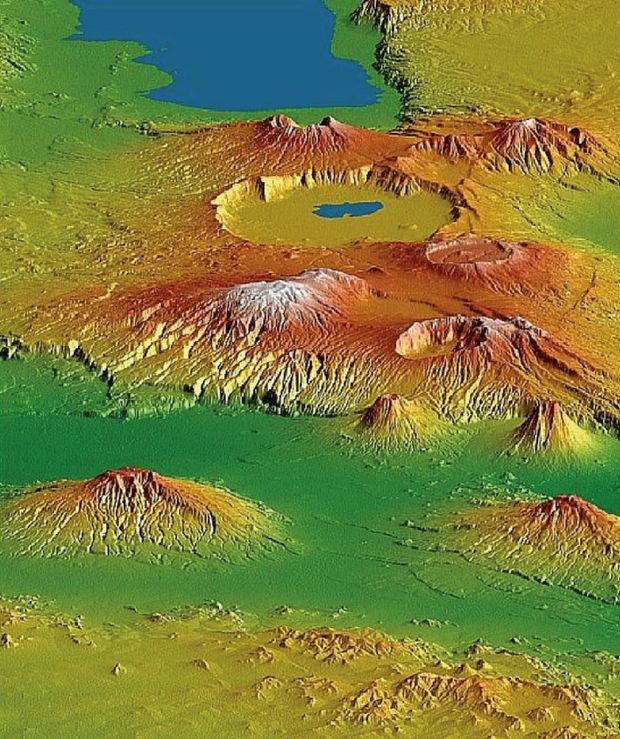 Hegyek és kráterek Tanzániában a Föld nagy részét érintő SRTM-űrsiklóval történő felmérésből. Egyebek között ez a globális háromdimenziós modell adja a Google Earth szolgáltatásban szereplő magasságadatokat.