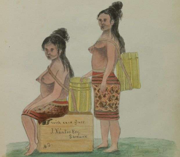  Xántus Sarawakból hazaküldendő ládája helyi nőkkel (Néprajzi Múzeum)