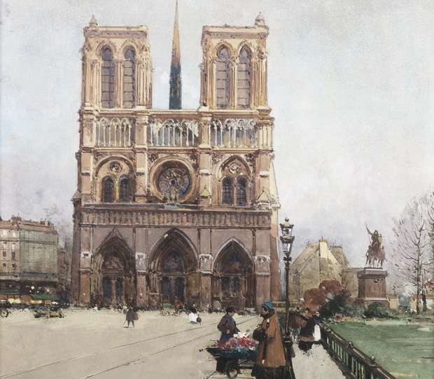 Virágárus a párizsi Notre Dame előtt (Ezgéne Galien Laloue festménye)